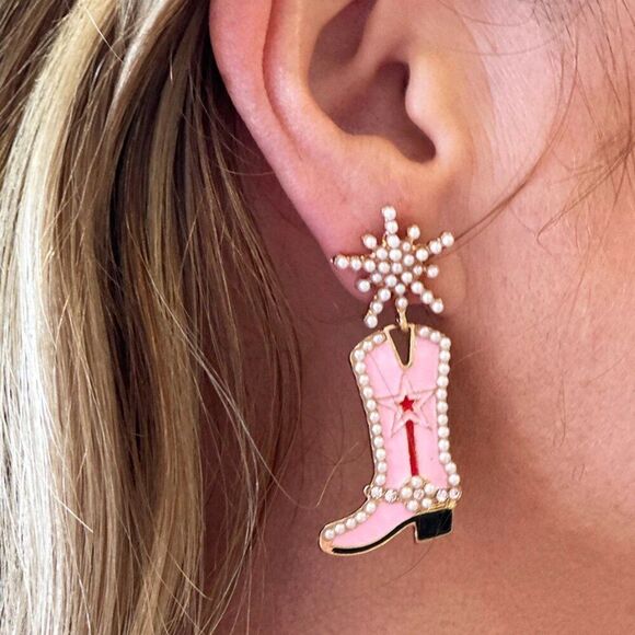 Pearl Enamel Cowboy Boot Earrings in Pink - Picture 8 of 10